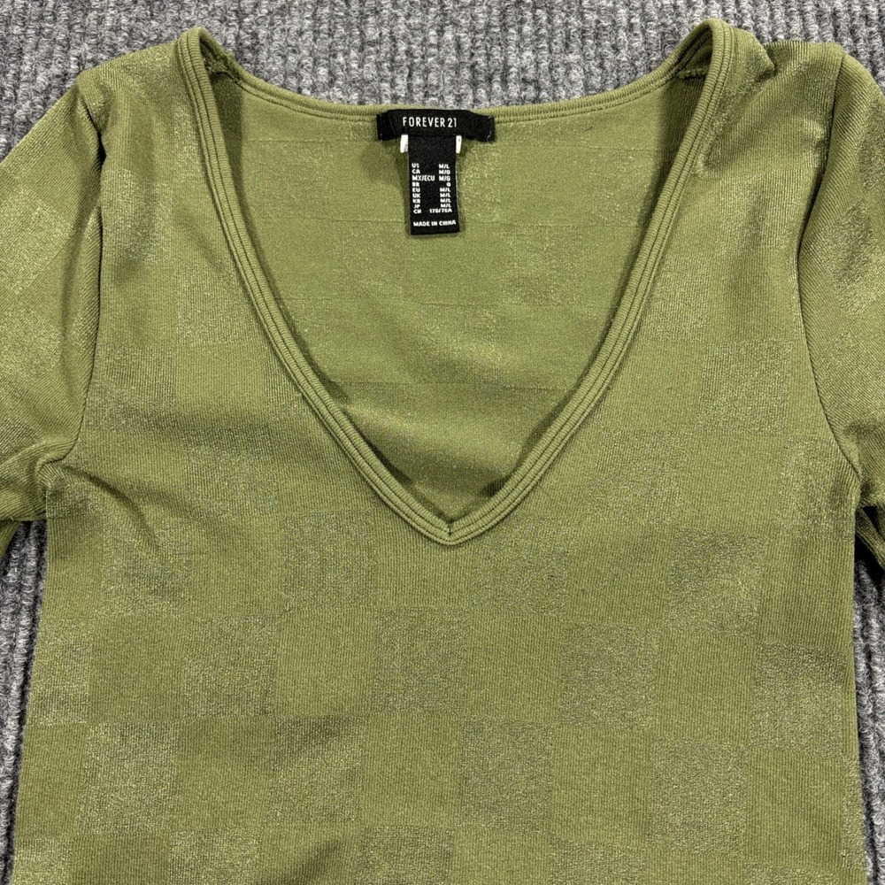 Forever 21 Bodysuit Womens M/L Green Shimmer V-Neck Long Sleeve Checkerboard